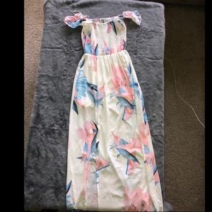 White floral off the shoulder luau dress